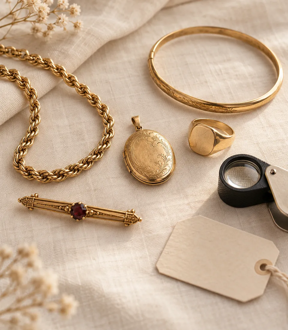 Gold filled and rolled gold jewellery laid out for evaluation