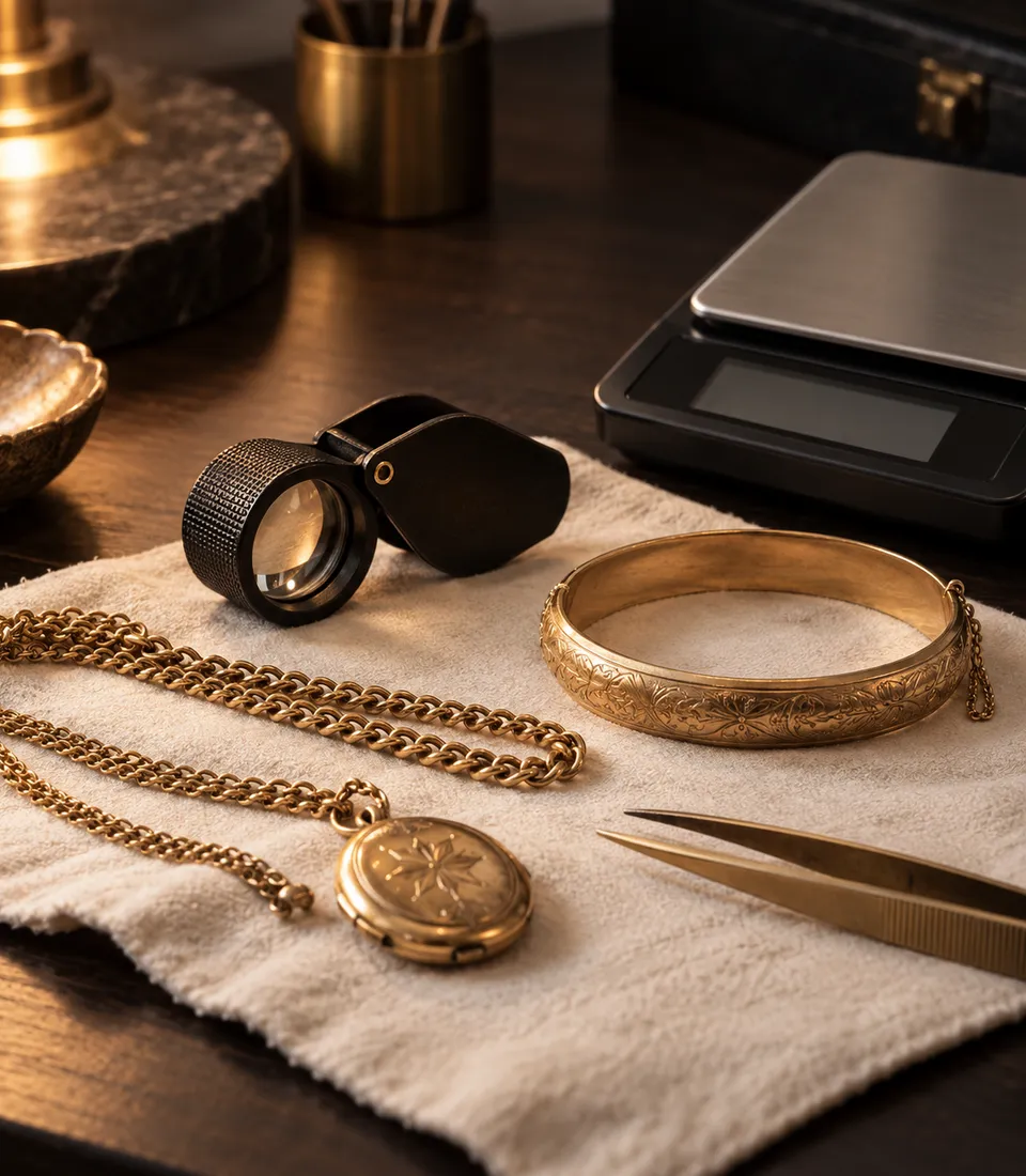 Jeweller’s loupe and scale beside gold filled jewellery being evaluated