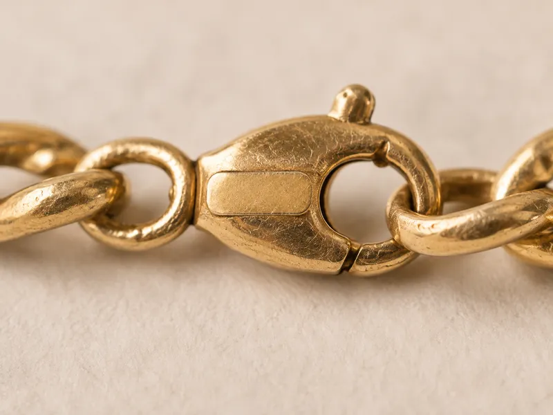 Close-up showing where a hallmark is usually found: on a chain clasp