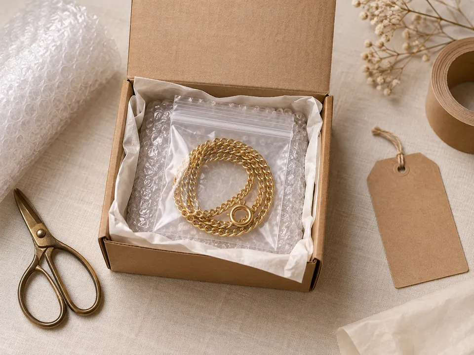 Jewellery sealed in a bag inside a padded box, ready for tracked postage